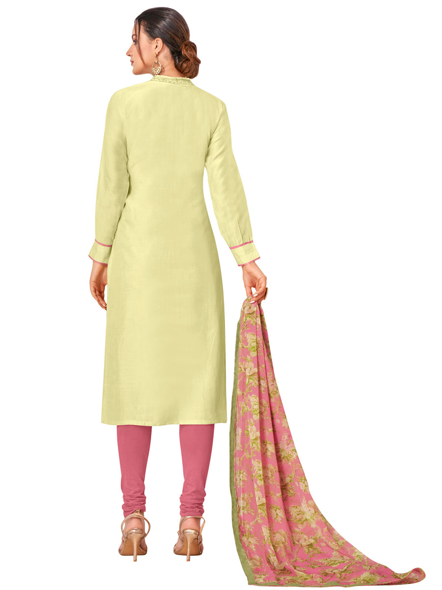 Light Leamon Yellow Chanderi Cotton Embroidered Party Churidar Pant Kameez