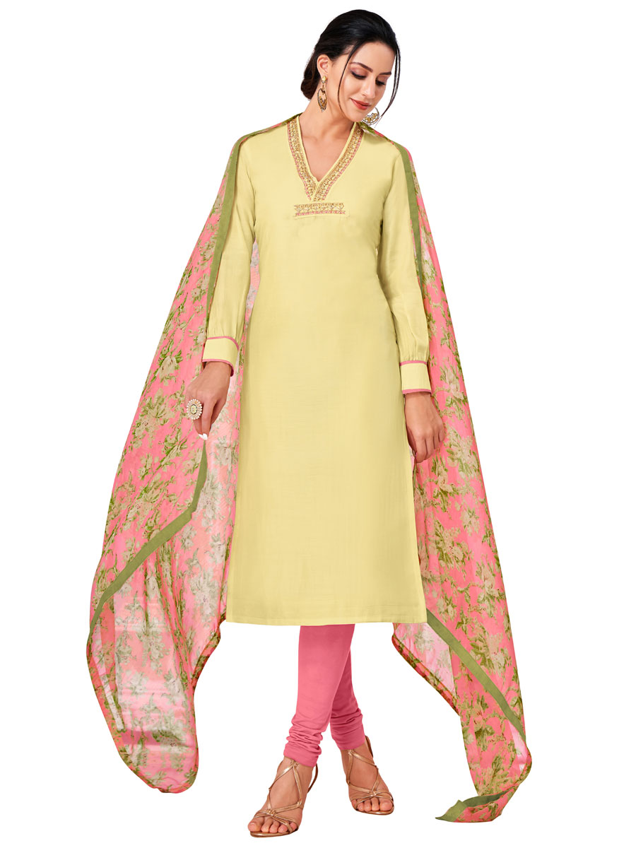 Light Leamon Yellow Chanderi Cotton Embroidered Party Churidar Pant Kameez