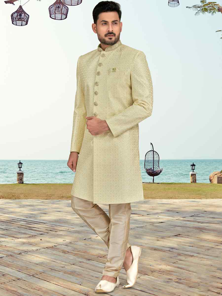 Light Lemon Banarasi Silk Embroidered Wedding Festival Sherwani