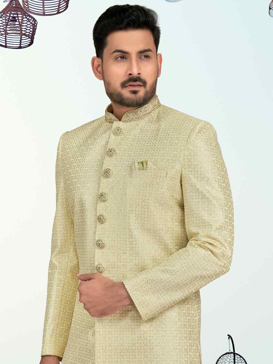 Light Lemon Banarasi Silk Embroidered Wedding Festival Sherwani