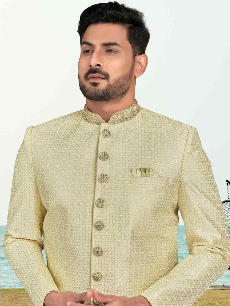 Light Lemon Banarasi Silk Embroidered Wedding Festival Sherwani