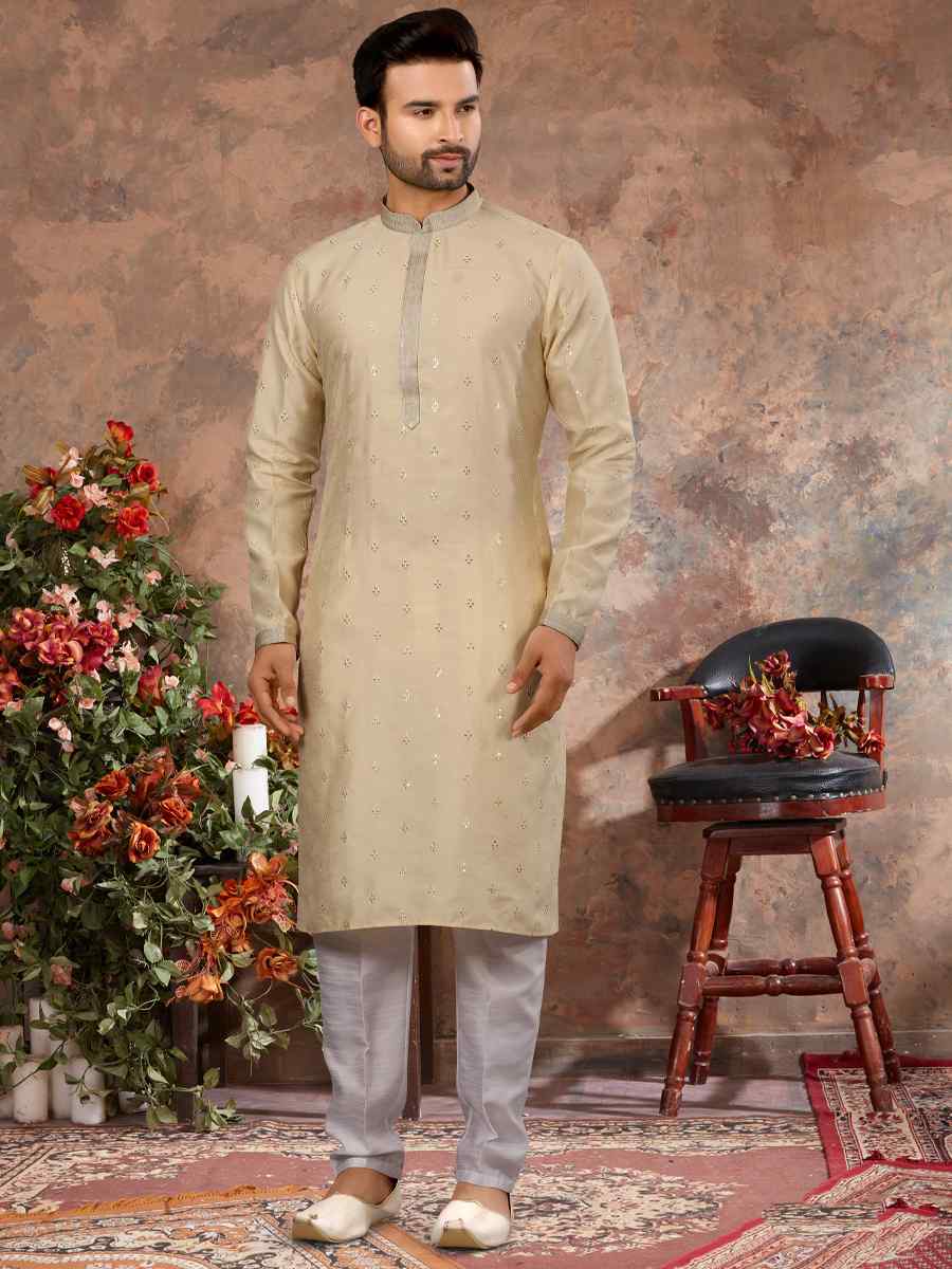 Light Lemon Silk Woven Festival Party Kurta