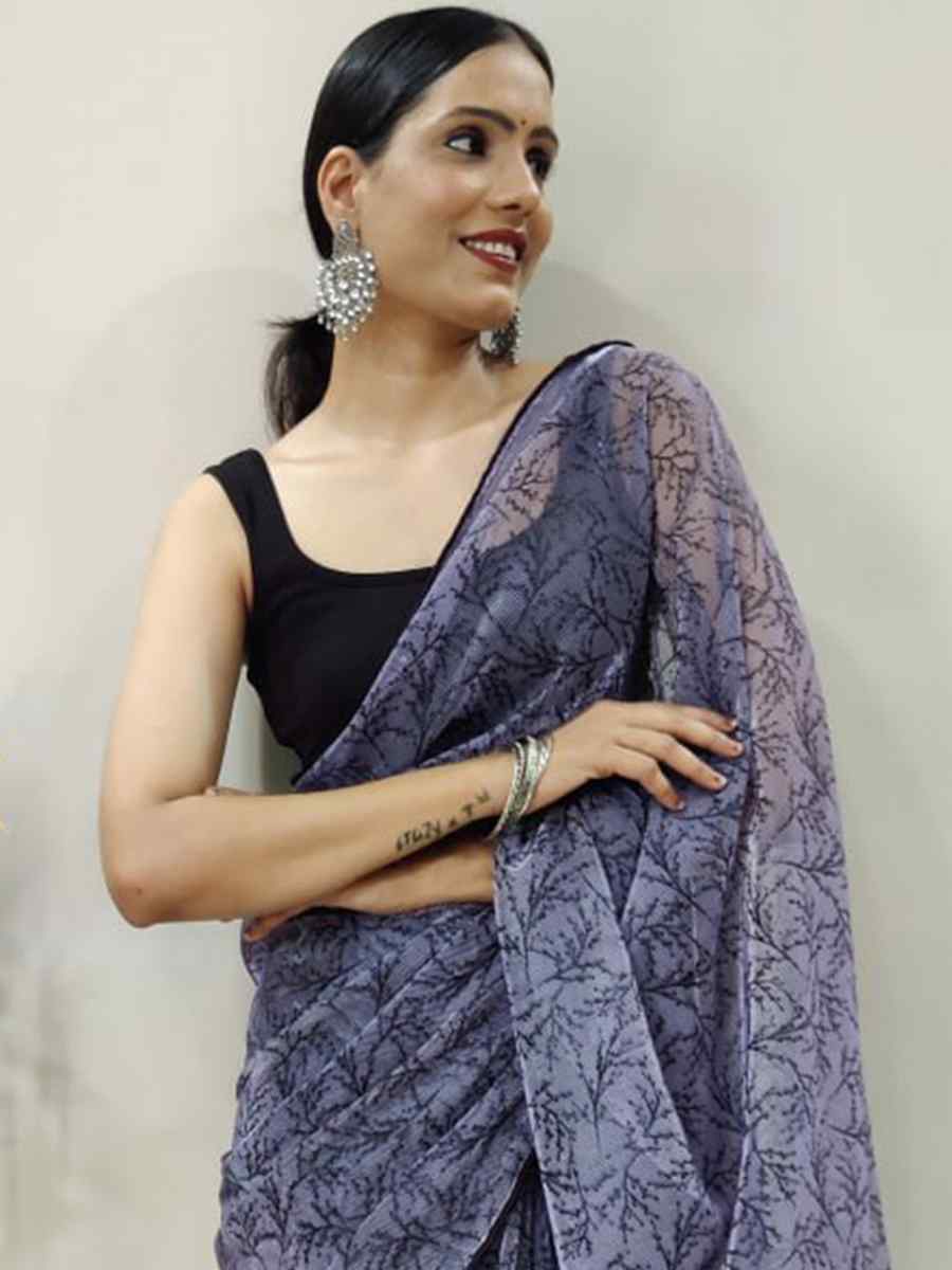 Light Lovender Soft Net Printed Casual Festival Contemporary Saree