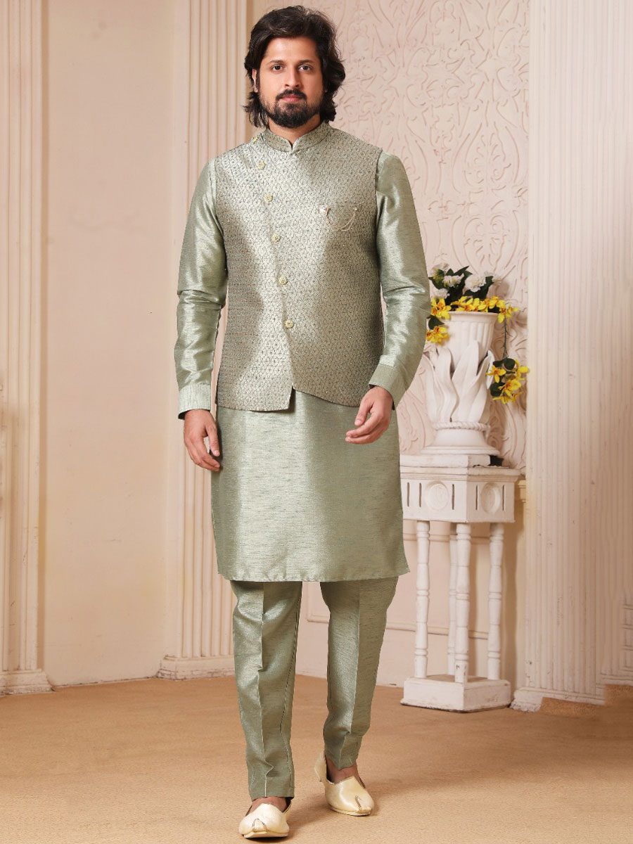 Light Moss Green Banarasi Silk Wedding And Festival Plain Kurta with Waistcoat