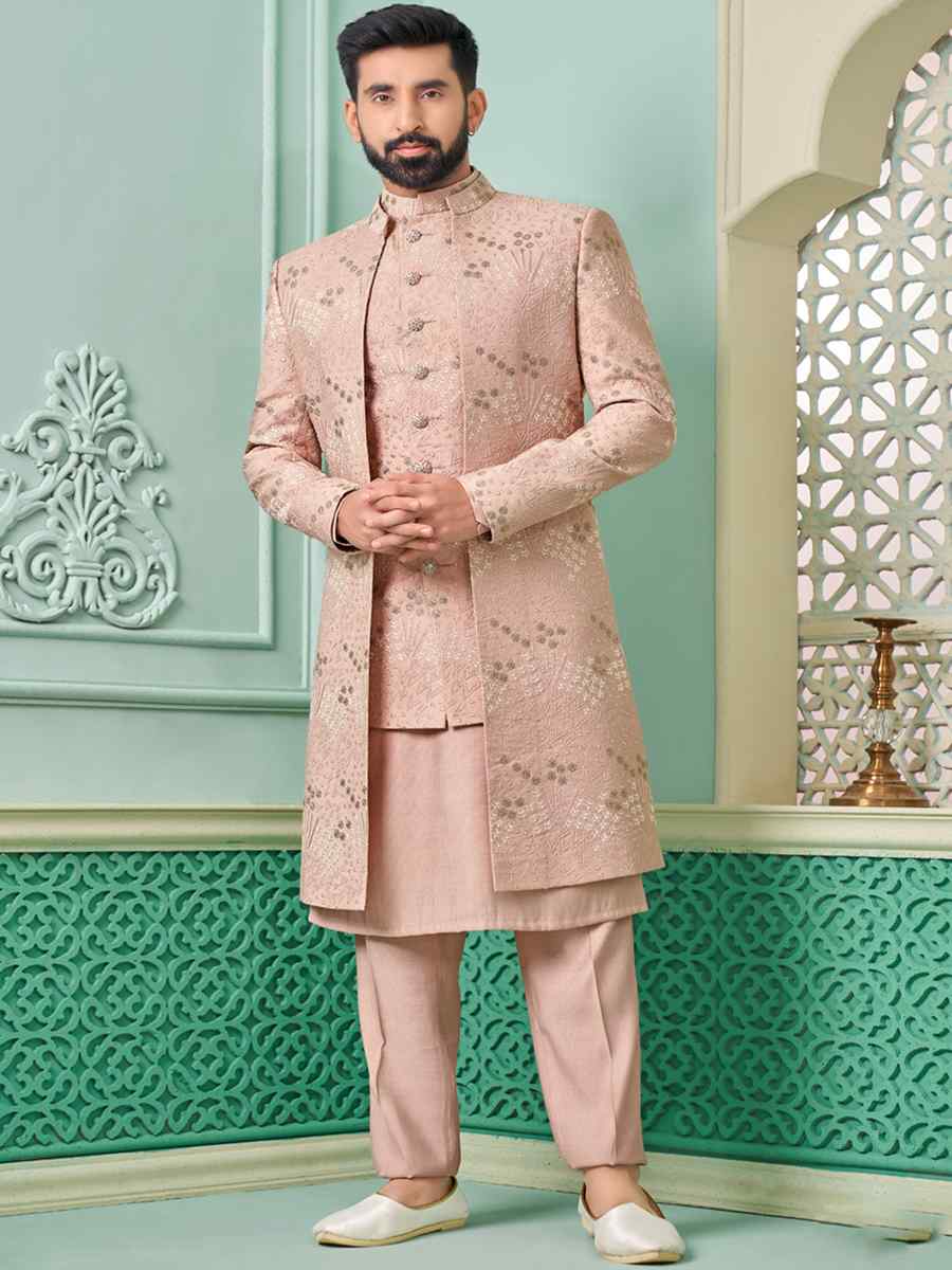 Light Onion Art Banarasi Silk Embroidered Festival Wedding Sherwani