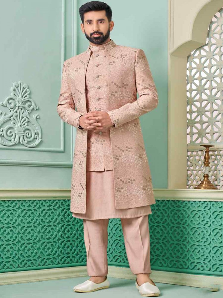 Light Onion Art Banarasi Silk Embroidered Festival Wedding Sherwani