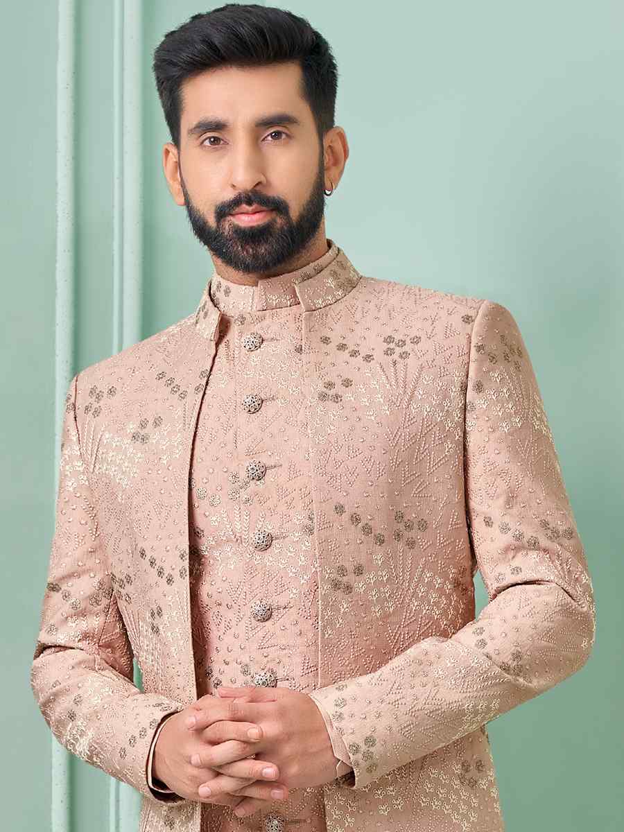 Light Onion Art Banarasi Silk Embroidered Festival Wedding Sherwani