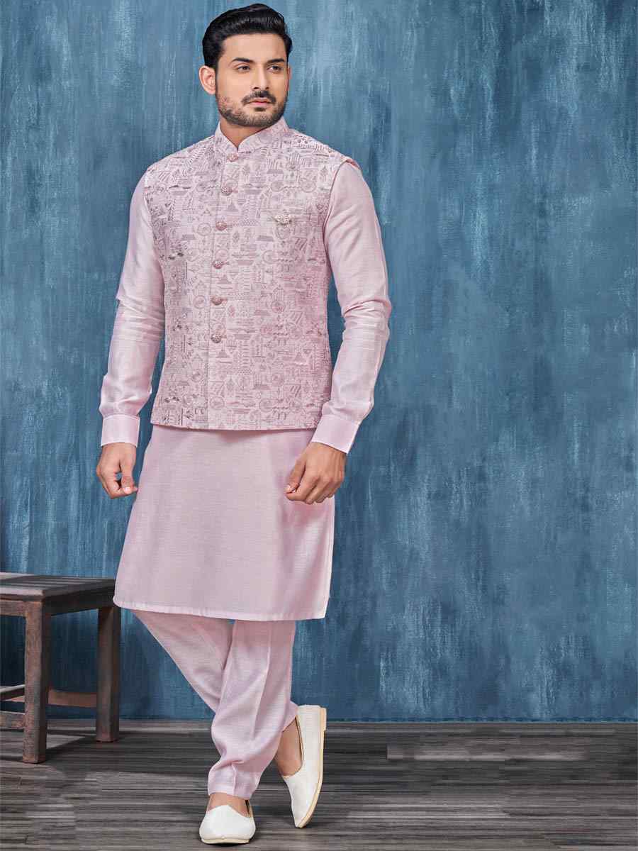 Light Onion Art Banarasi Silk Woven Festival Wedding Kurta