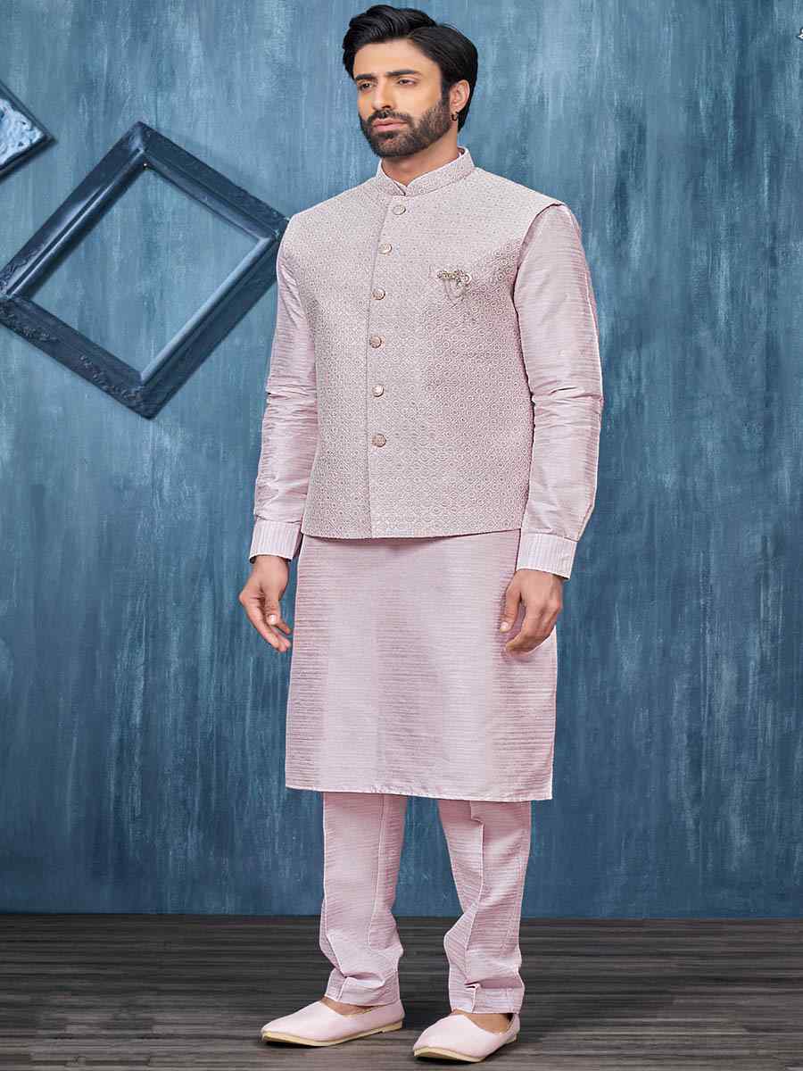Light Onion Art Banarasi Silk Woven Festival Wedding Kurta