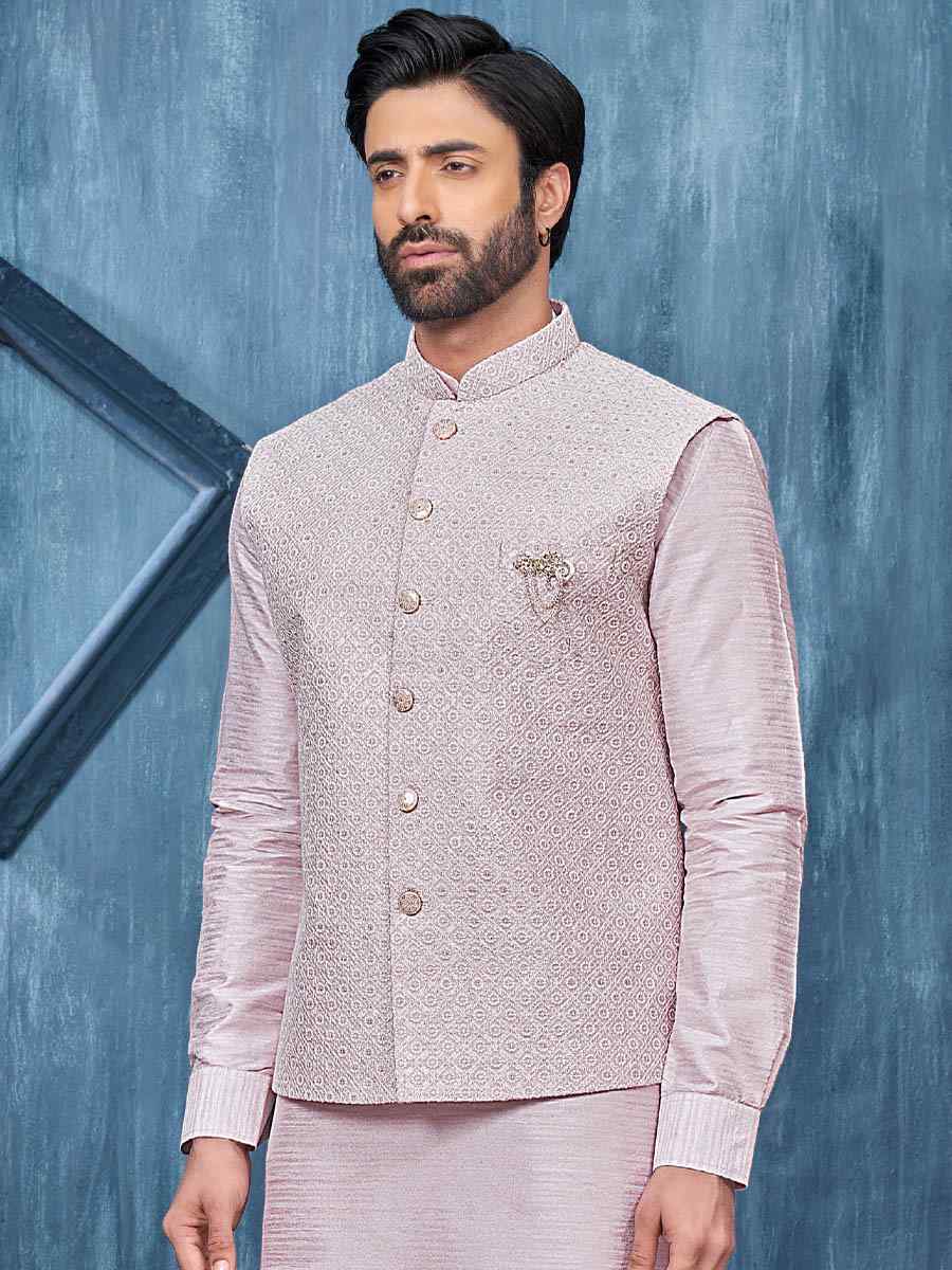 Light Onion Art Banarasi Silk Woven Festival Wedding Kurta