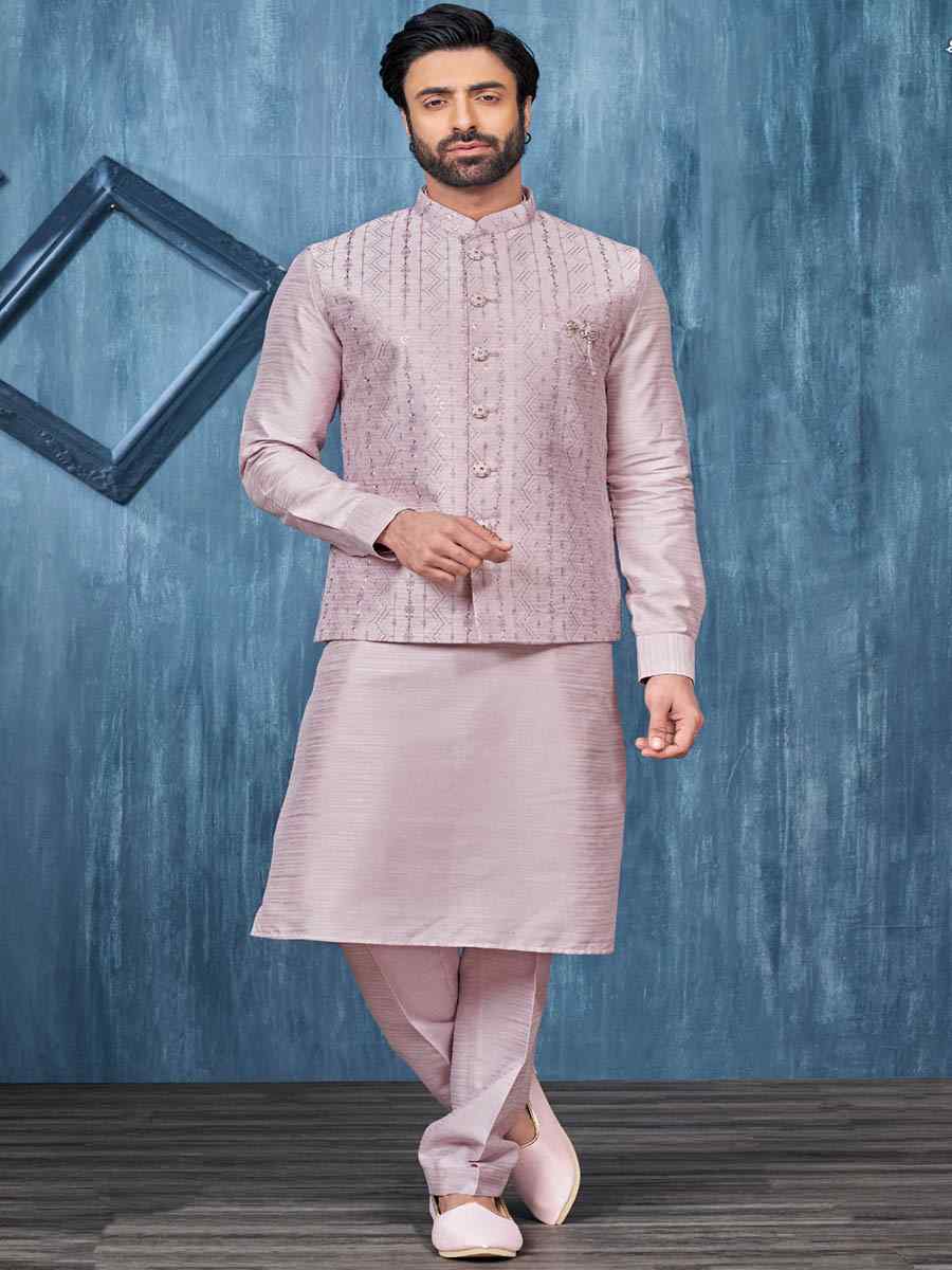 Light Onion Art Banarasi Silk Woven Festival Wedding Kurta