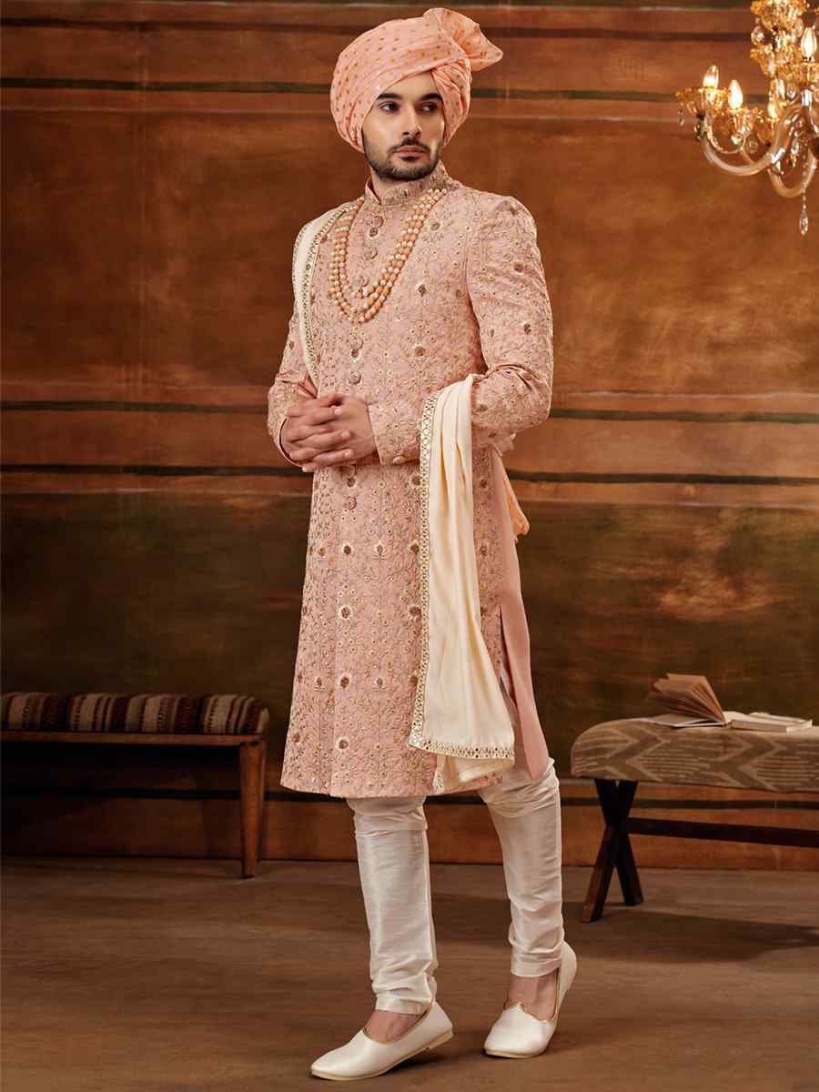 Light Onion Art Silk Embroidered Wedding Groom Sherwani
