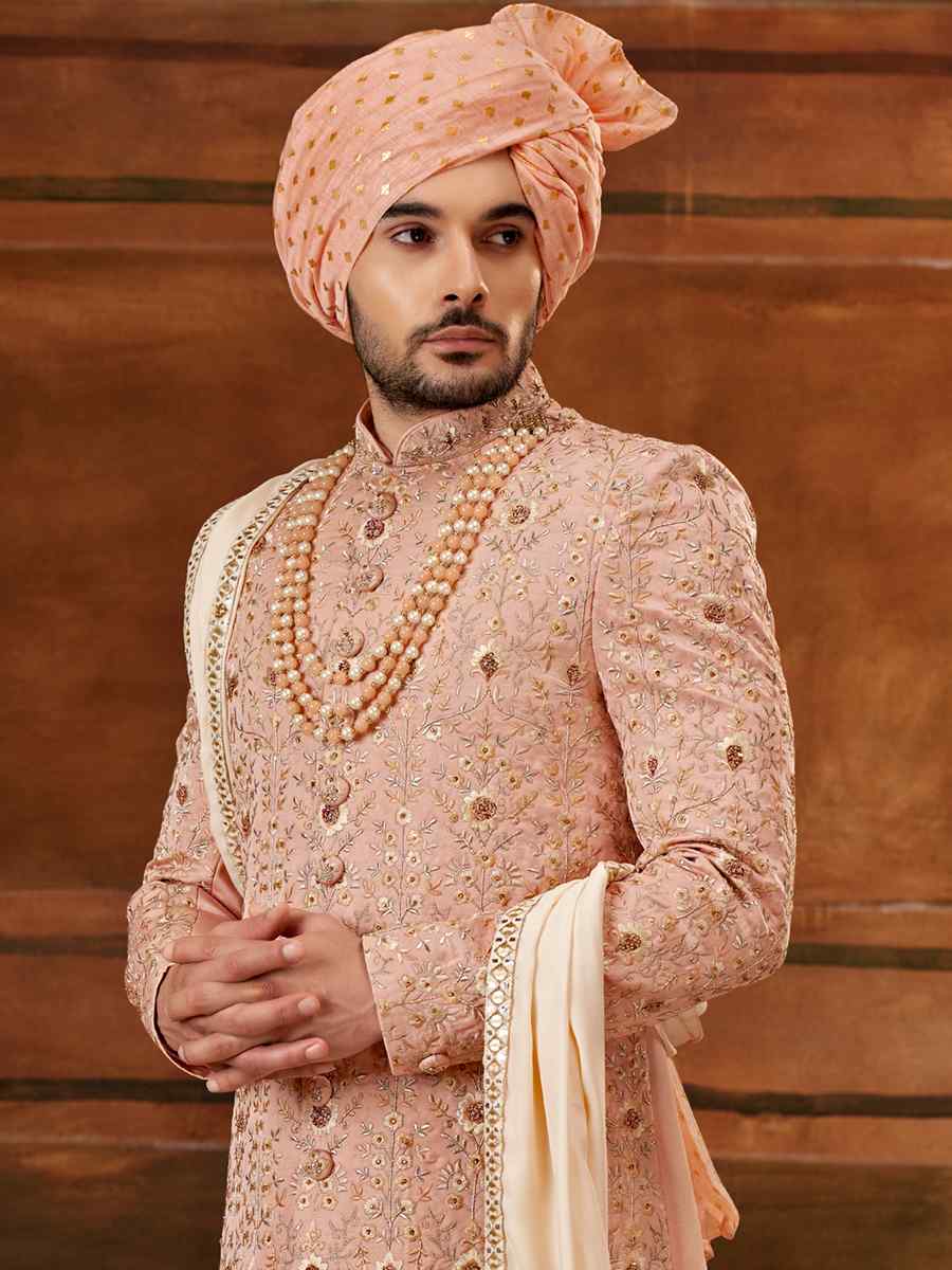 Light Onion Art Silk Embroidered Wedding Groom Sherwani