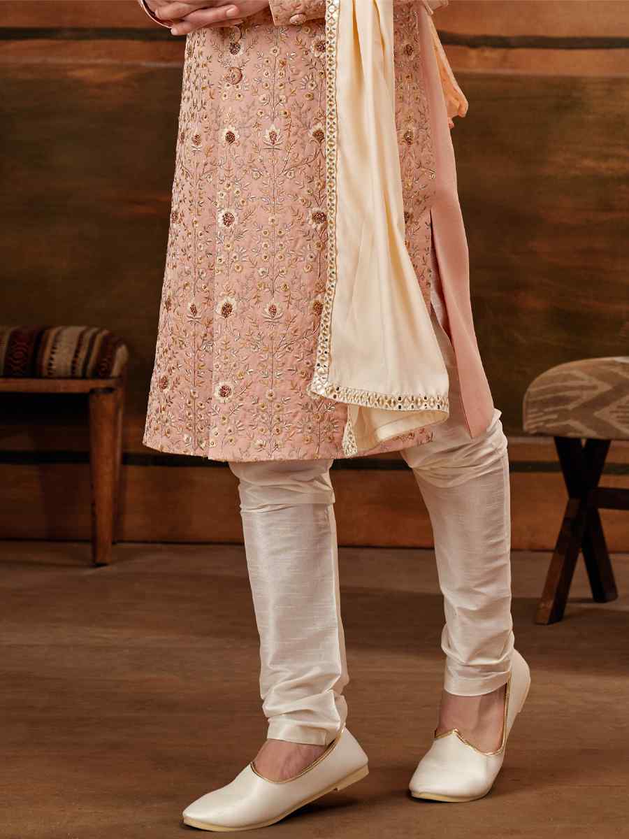 Light Onion Art Silk Embroidered Wedding Groom Sherwani