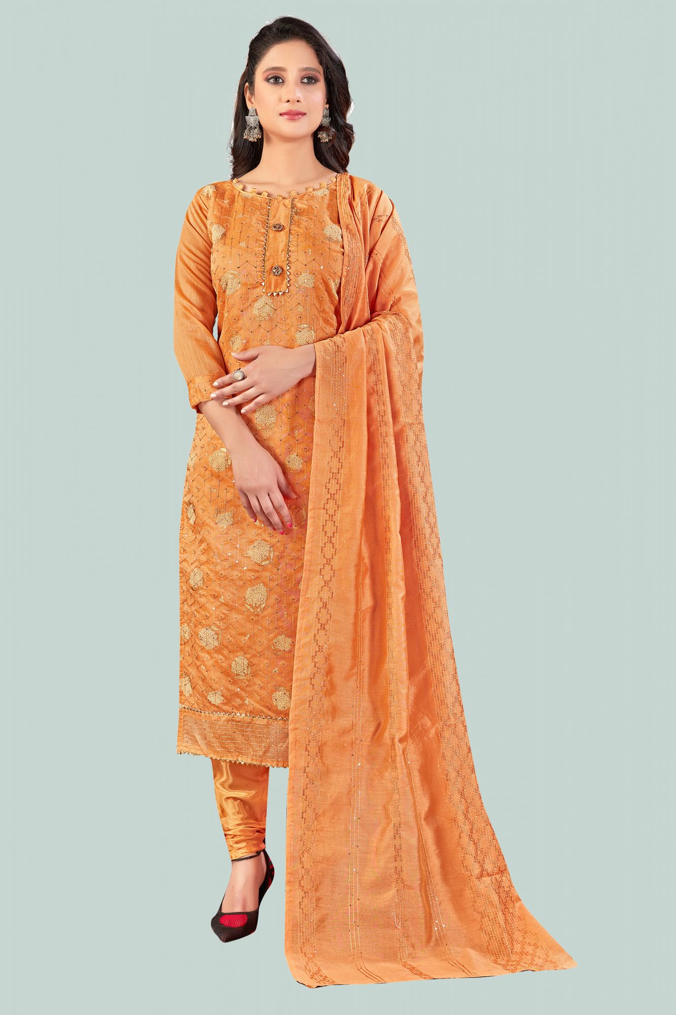 Light Orange Chanderi Embroidered Sequins Festival Party Churidar Salwar Kameez