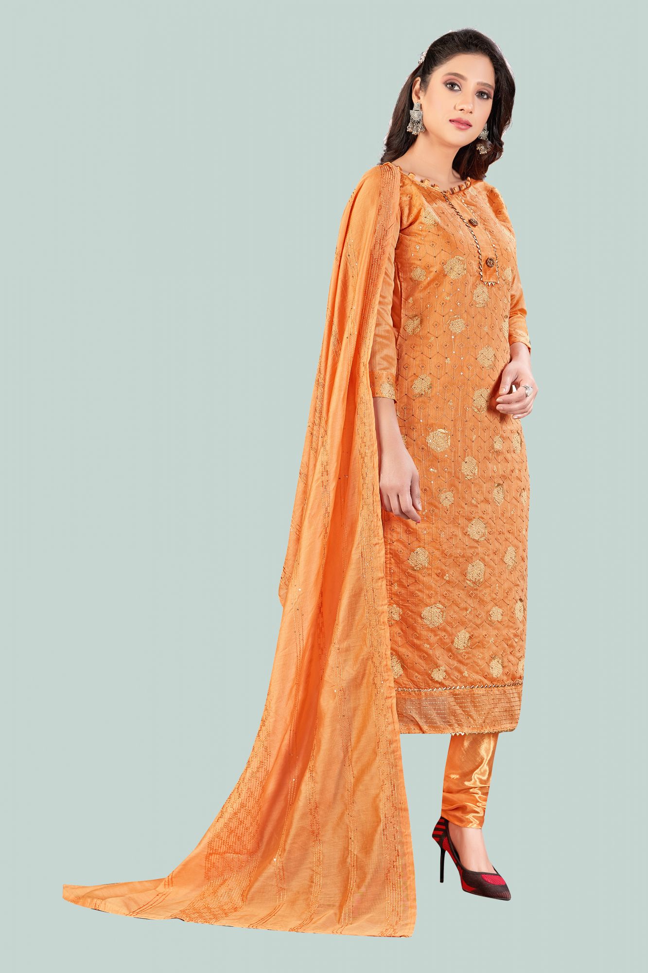 Light Orange Chanderi Embroidered Sequins Festival Party Churidar Salwar Kameez