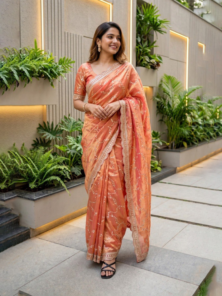 Image of Light Orange Fendy Satin Embroidery Sequins Zari Wedding Reception Party Festival Casual Heavy Border Sarees