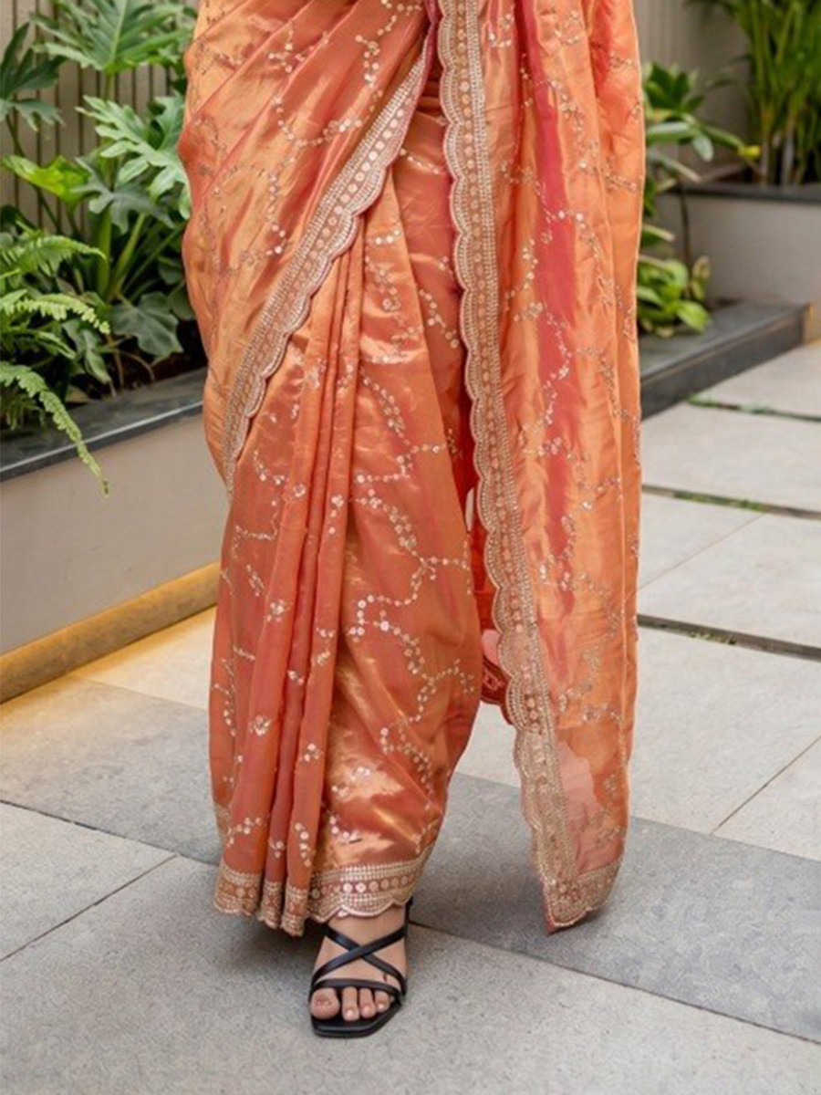 Light Orange Fendy Satin Embroidery Sequins Zari Wedding Reception Party Festival Casual Heavy Border Sarees