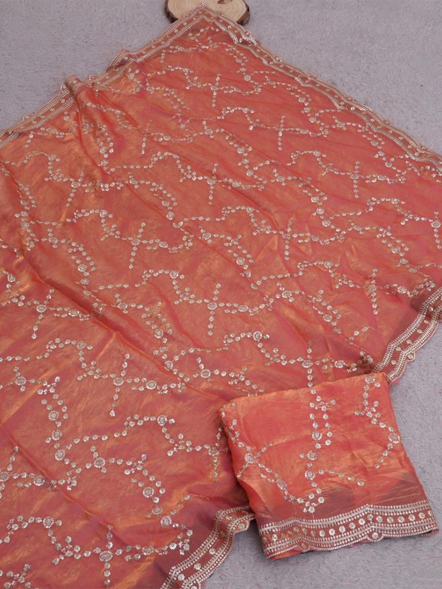 Light Orange Fendy Satin Embroidery Sequins Zari Wedding Reception Party Festival Casual Heavy Border Sarees