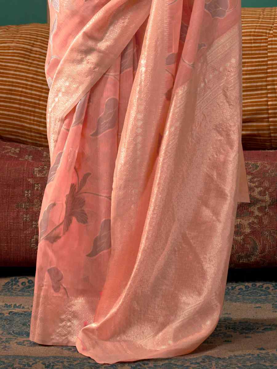 Light Orange Handloom Linen Handwoven Festival Casual Heavy Border Saree