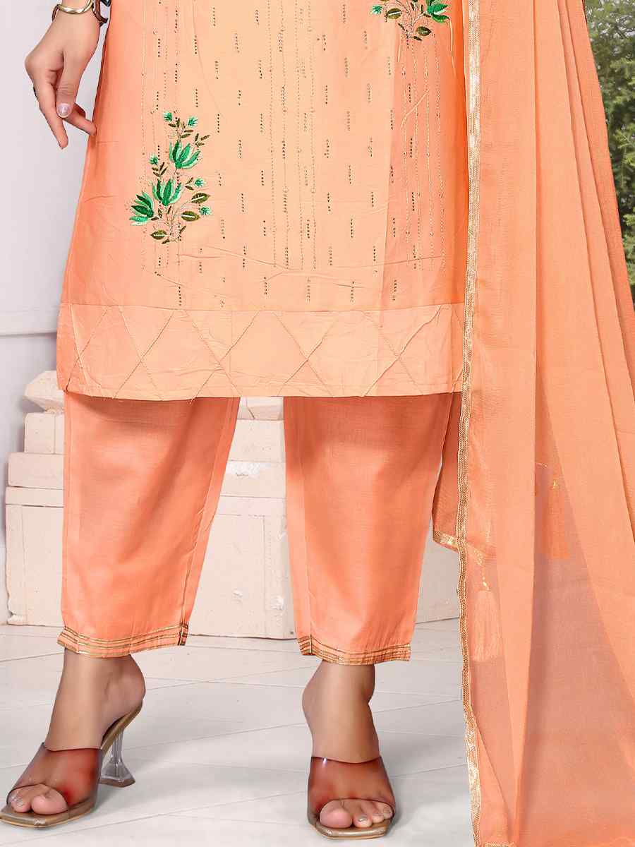 Light Orange Heavy Cotton Embroidered Festival Wedding Ready Palazzo Pant Salwar Kameez
