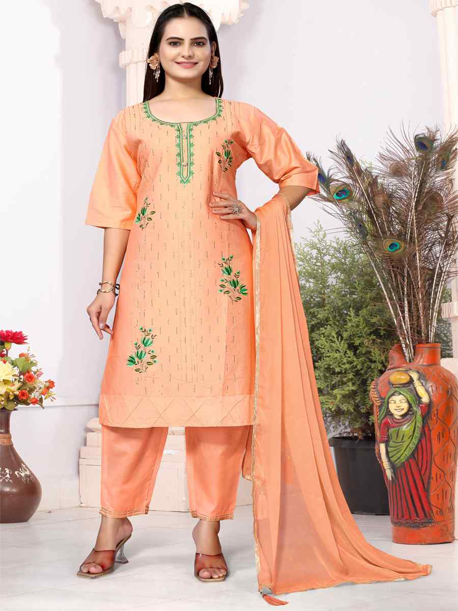 Light Orange Heavy Cotton Embroidered Festival Wedding Ready Palazzo Pant Salwar Kameez