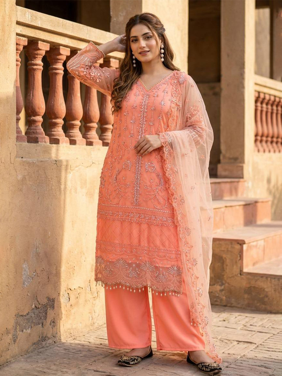 Light Orange Heavy Soft Net Embroidery Sequins Beads Party Wedding Festival Casual Ready Palazzo Pant Salwar Kameez