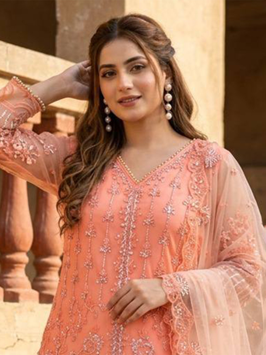 Light Orange Heavy Soft Net Embroidery Sequins Beads Party Wedding Festival Casual Ready Palazzo Pant Salwar Kameez