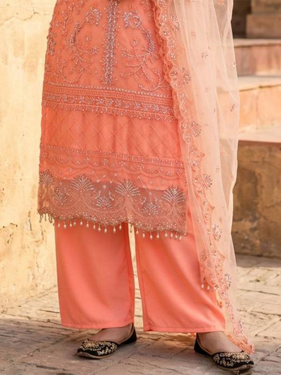 Light Orange Heavy Soft Net Embroidery Sequins Beads Party Wedding Festival Casual Ready Palazzo Pant Salwar Kameez