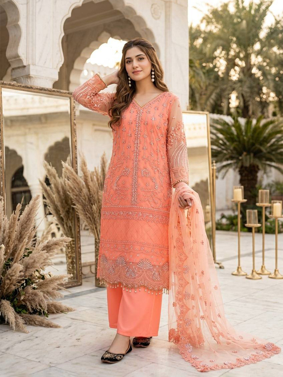 Light Orange Heavy Soft Net Embroidery Sequins Beads Party Wedding Festival Casual Ready Palazzo Pant Salwar Kameez
