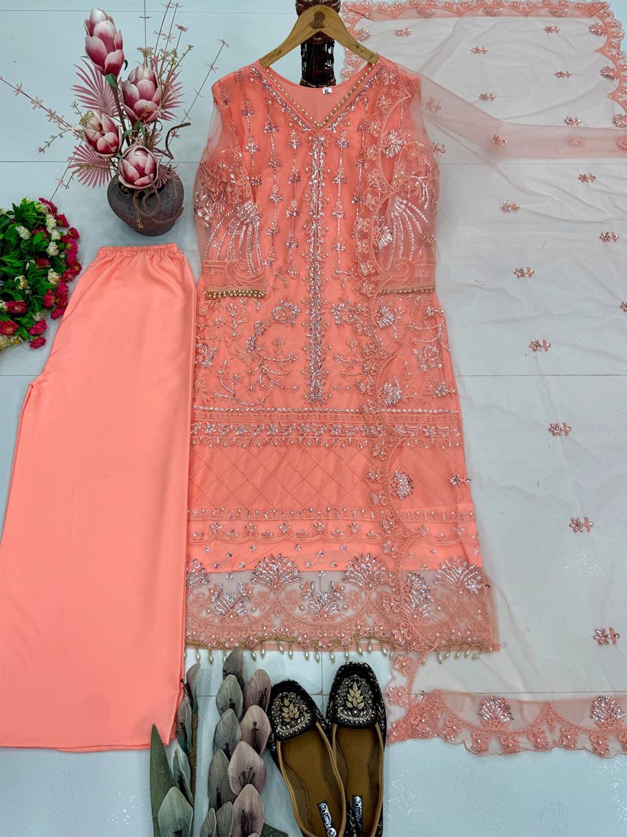 Light Orange Heavy Soft Net Embroidery Sequins Beads Party Wedding Festival Casual Ready Palazzo Pant Salwar Kameez
