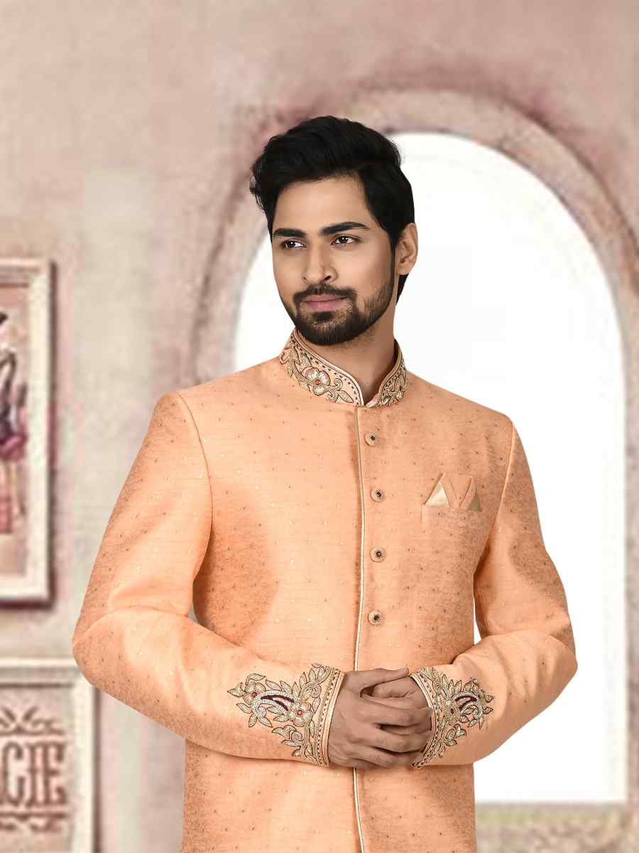 Light Orange Jacquard Embroidered Groom Wedding Sherwani