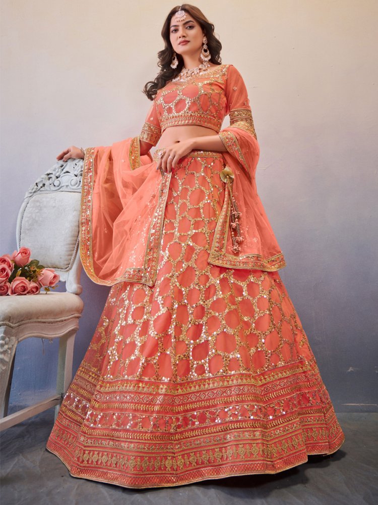 Light Orange Premium Butterfly Net Embroidered Bridal Wedding Heavy Border Lehenga Choli