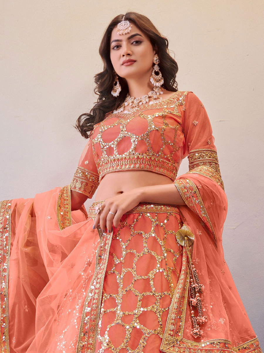 Light Orange Premium Butterfly Net Embroidered Bridal Wedding Heavy Border Lehenga Choli