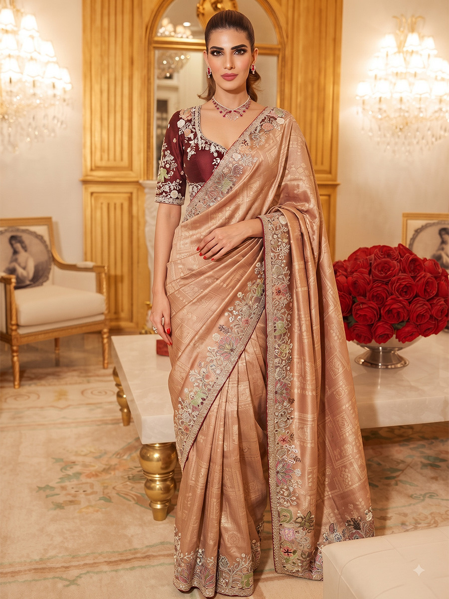 Light Orange Pure Kanjivarm Silk Embroidery Wedding Reception Party Festival Casual Heavy Border Sarees