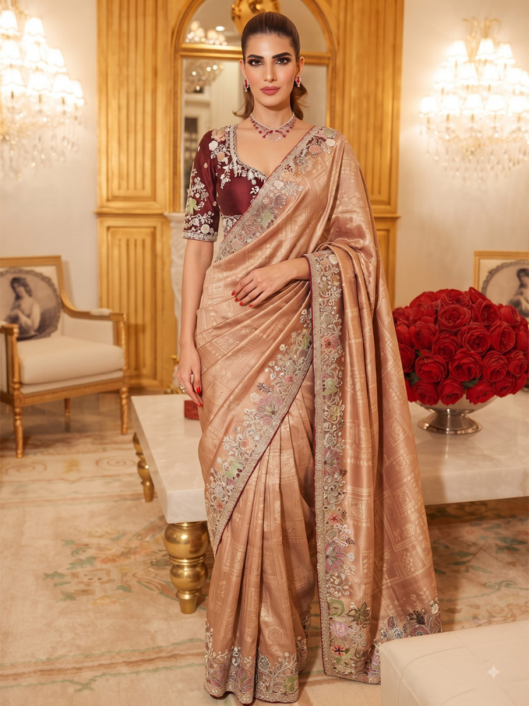 Image of Light Orange Pure Kanjivarm Silk Embroidery Wedding Reception Party Festival Casual Heavy Border Sarees