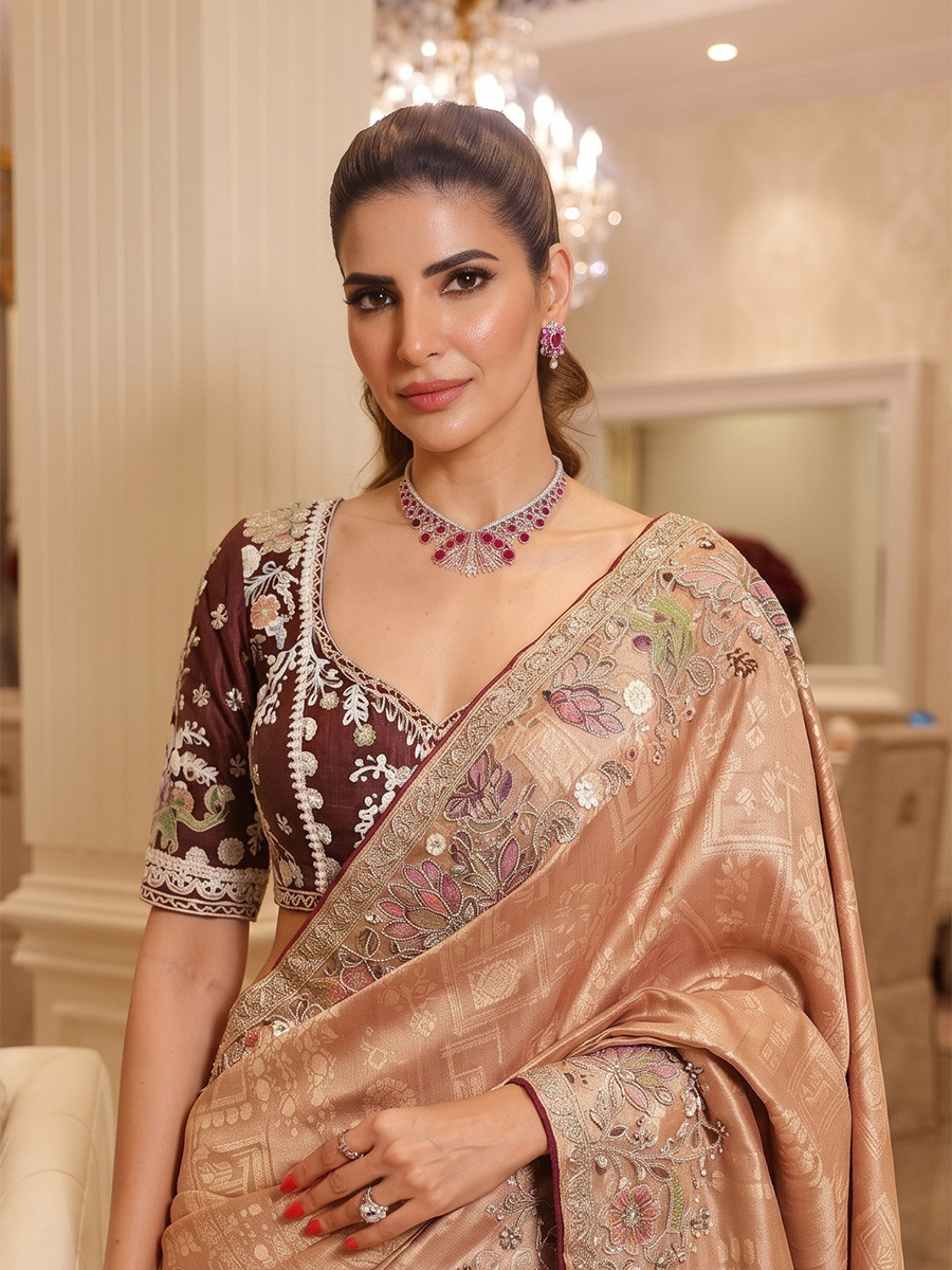 Light Orange Pure Kanjivarm Silk Embroidery Wedding Reception Party Festival Casual Heavy Border Sarees