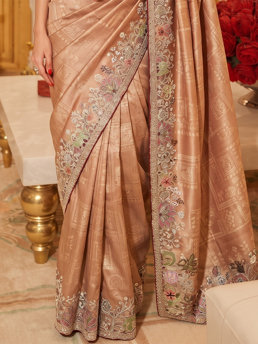 Light Orange Pure Kanjivarm Silk Embroidery Wedding Reception Party Festival Casual Heavy Border Sarees