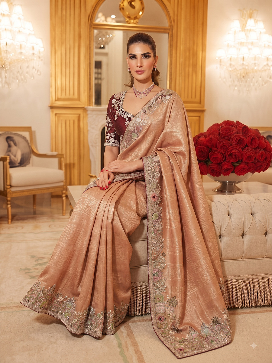 Light Orange Pure Kanjivarm Silk Embroidery Wedding Reception Party Festival Casual Heavy Border Sarees