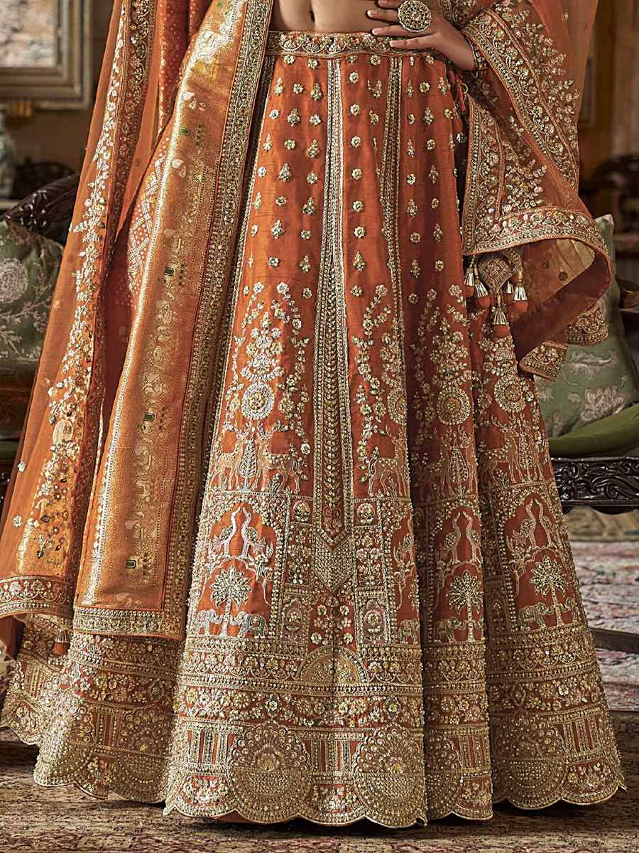 Light Orange Silk Embroidered Bridal Wedding Reception Festival Heavy Border Lehenga Choli