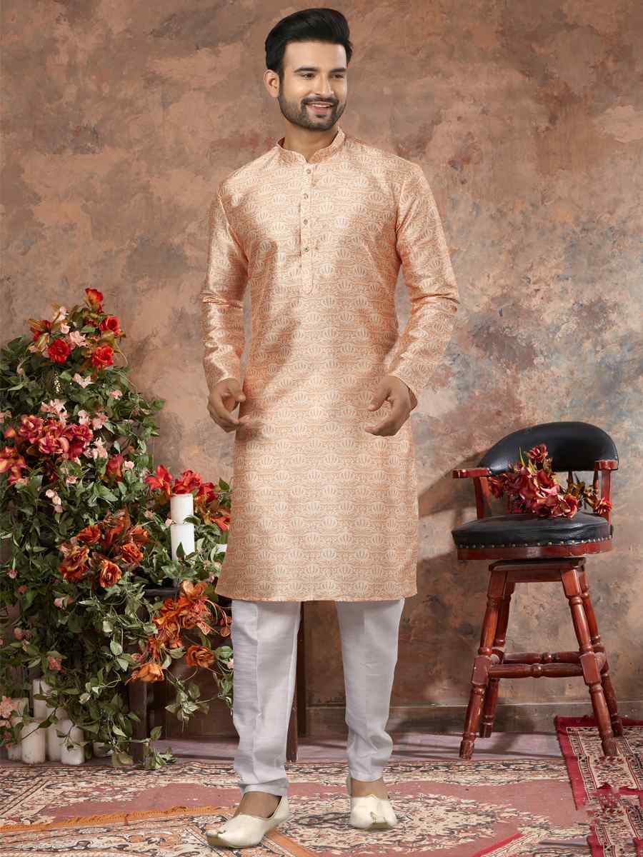 Light Orange Silk Woven Festival Party Kurta