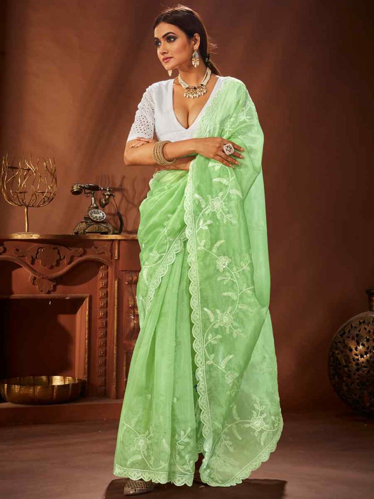 Light Parrot Green Primiume Organza Embroidered Party Festival Classic Style Saree