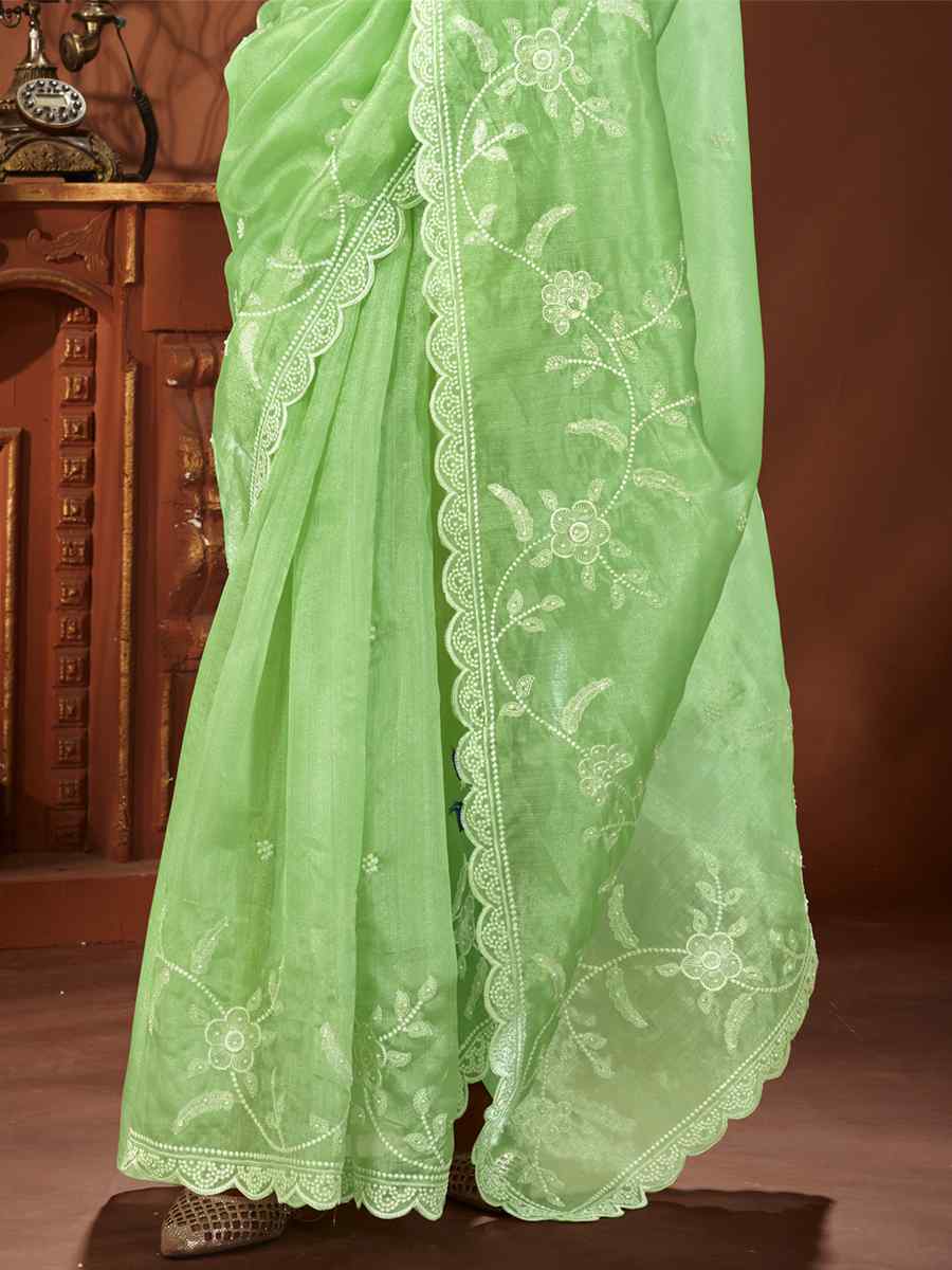 Light Parrot Green Primiume Organza Embroidered Party Festival Classic Style Saree