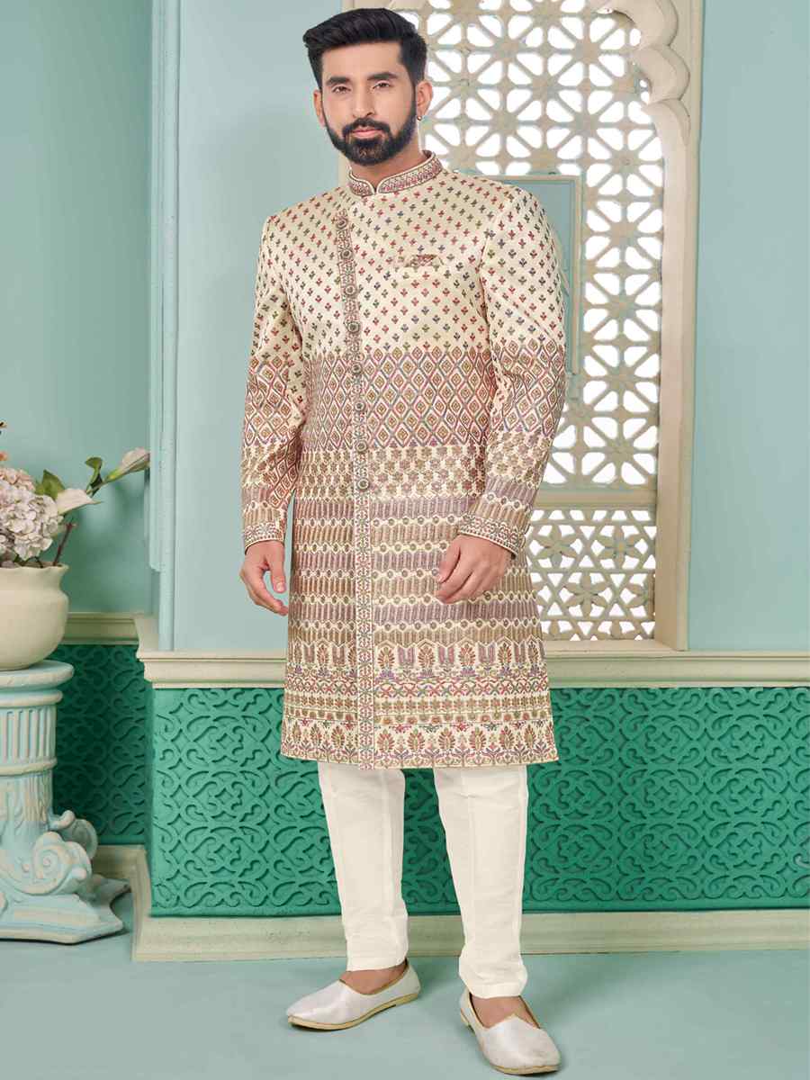 Light Peach Art Banarasi Silk Embroidered Festival Wedding Sherwani