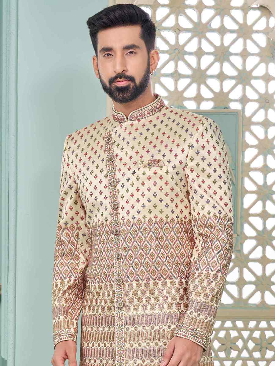 Light Peach Art Banarasi Silk Embroidered Festival Wedding Sherwani