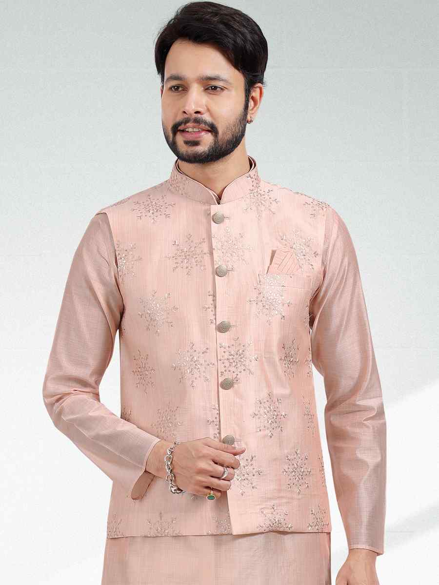 Light Peach Art Banarasi Silk Woven Festival Party Kurta