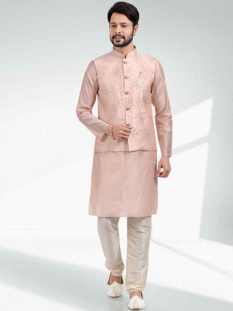 Light Peach Art Banarasi Silk Woven Festival Party Kurta