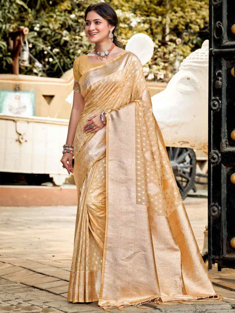 Image of Light Peach Assam Silk Handwoven Festival Wedding Fancy Heavy Border Saree