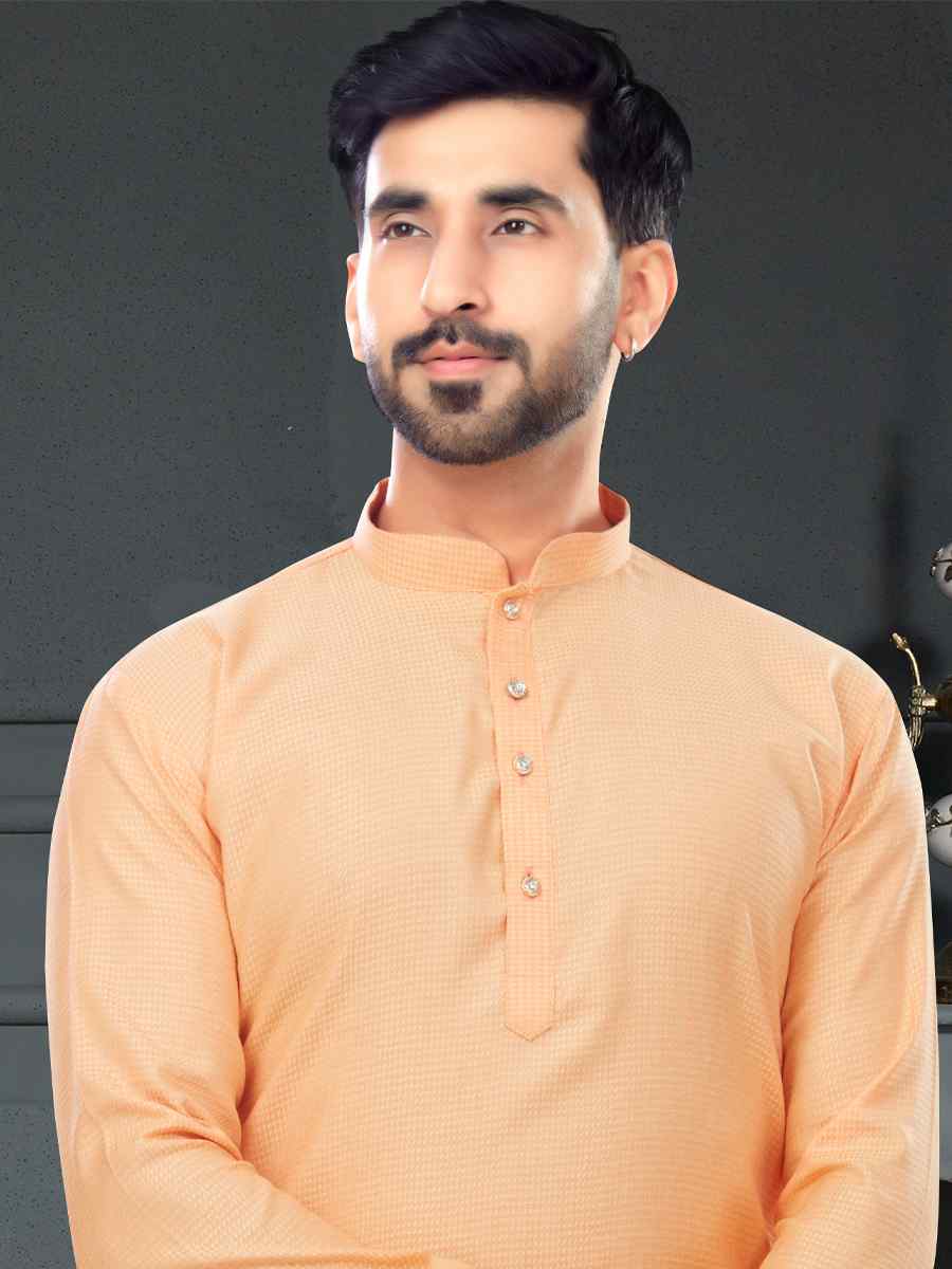 Light Peach Cotton Jecquard Printed Festival Party Kurta