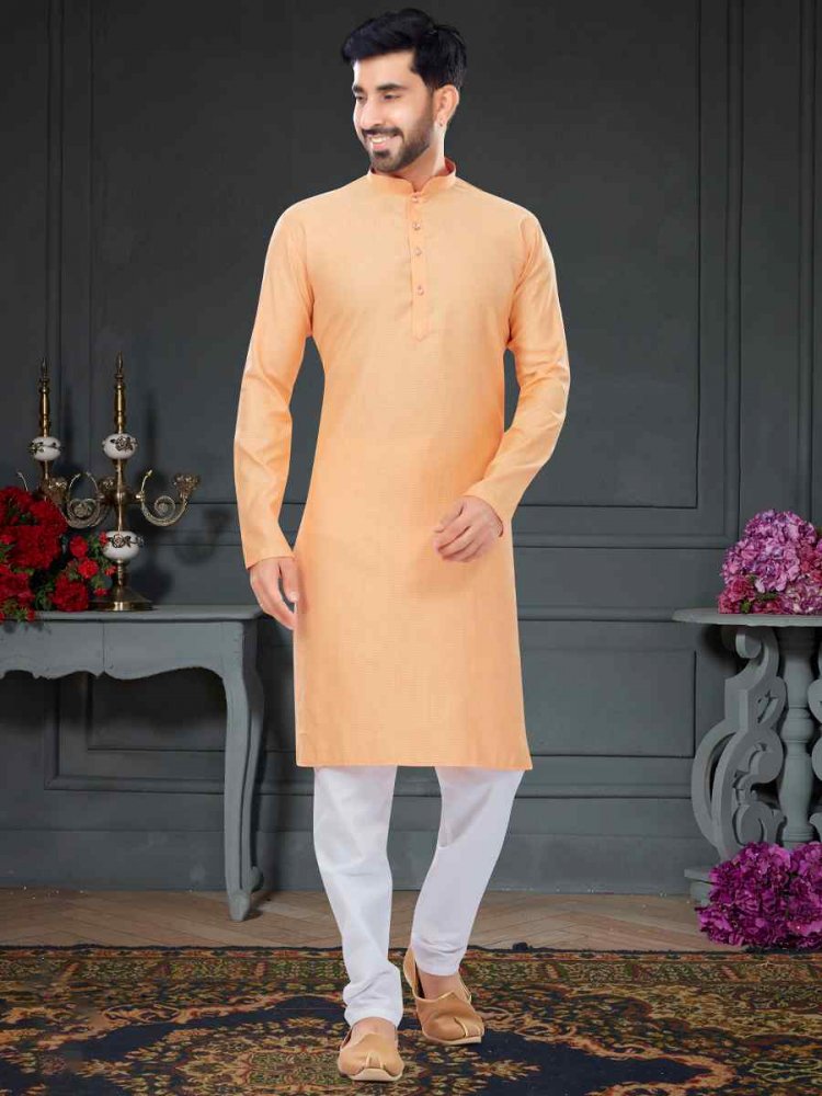 Light Peach Cotton Jecquard Printed Festival Party Kurta